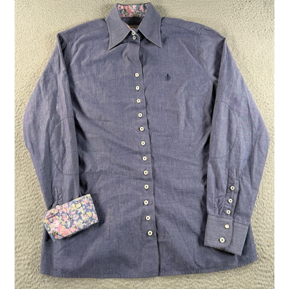 Fior Da Liso Shirt Womens 8 Blue Floral Flip Cuff Cotton Button Up Long Sleeve